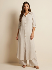 Linnen Dames Set met Lange Blouse, Klassieke Kraag en Wijde Broek - Wit/Khaki/Bruin