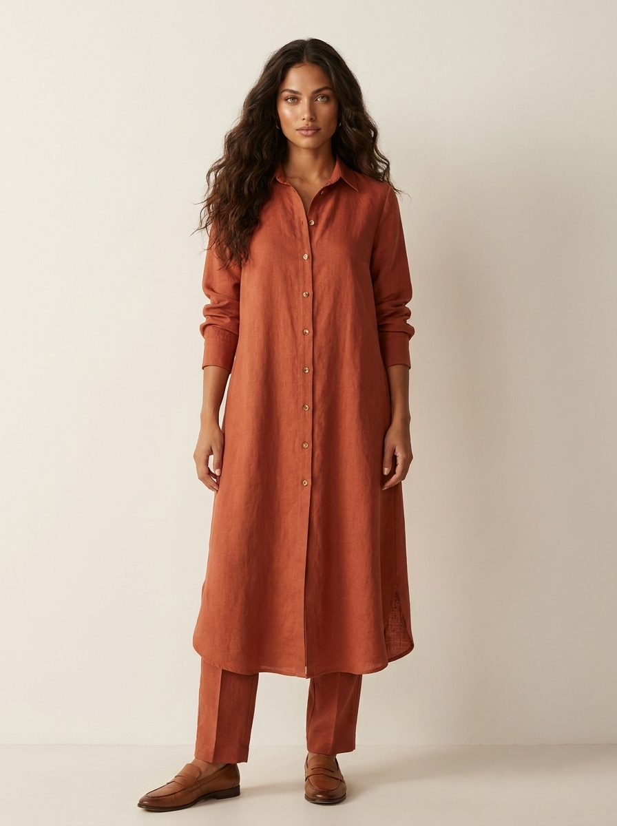 Linnen Dames Set met Lange Blouse, Klassieke Kraag en Wijde Broek - Wit/Khaki/Bruin