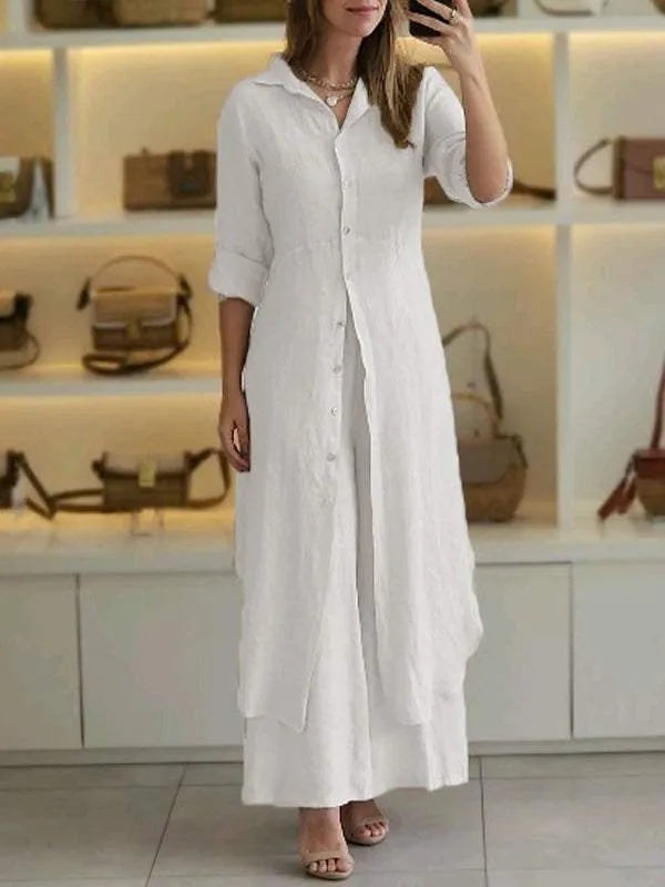 Linnen Dames Set met Lange Blouse, Klassieke Kraag en Wijde Broek - Wit/Khaki/Bruin