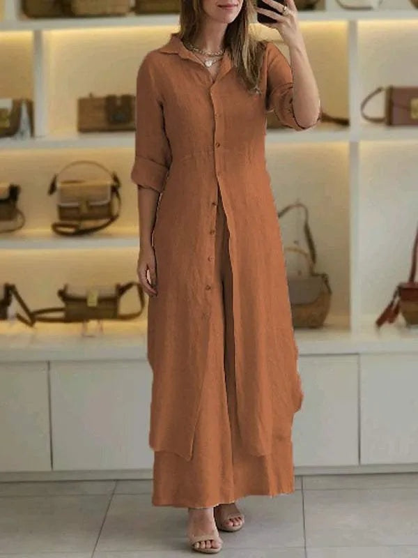 Linnen Dames Set met Lange Blouse, Klassieke Kraag en Wijde Broek - Wit/Khaki/Bruin