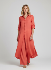 Linnen Dames Set met Lange Blouse, Klassieke Kraag en Wijde Broek - Wit/Khaki/Bruin