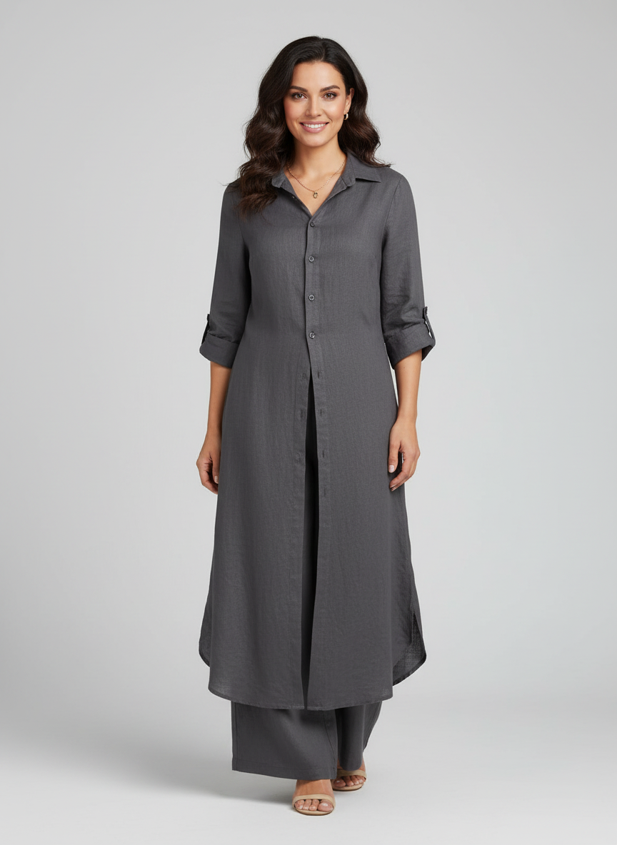 Linnen Dames Set met Lange Blouse, Klassieke Kraag en Wijde Broek - Wit/Khaki/Bruin