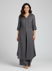 Linnen Dames Set met Lange Blouse, Klassieke Kraag en Wijde Broek - Wit/Khaki/Bruin