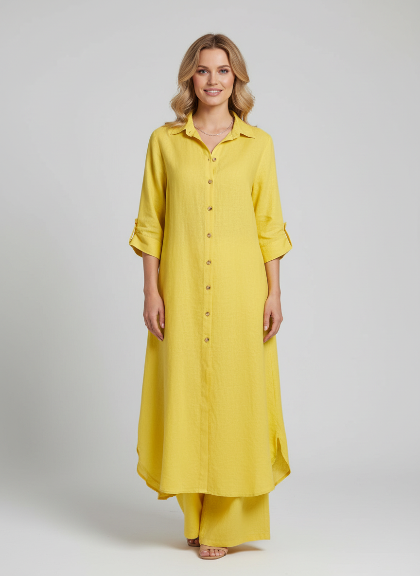 Linnen Dames Set met Lange Blouse, Klassieke Kraag en Wijde Broek - Wit/Khaki/Bruin