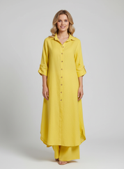 Linnen Dames Set met Lange Blouse, Klassieke Kraag en Wijde Broek - Wit/Khaki/Bruin