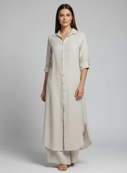 Linnen Dames Set met Lange Blouse, Klassieke Kraag en Wijde Broek - Wit/Khaki/Bruin