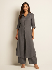 Linnen Dames Set met Lange Blouse, Klassieke Kraag en Wijde Broek - Wit/Khaki/Bruin