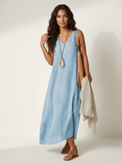 Linnenlook Maxi Damesjurk Ava met V-hals, Mouwloos en Vloeiend Silhouet - Khaki/Grijs/Roze