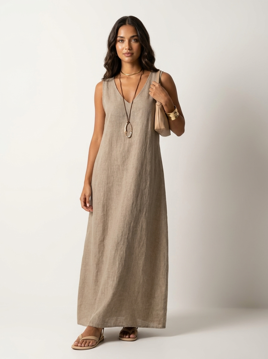 Linnenlook Maxi Damesjurk Ava met V-hals, Mouwloos en Vloeiend Silhouet - Khaki/Grijs/Roze