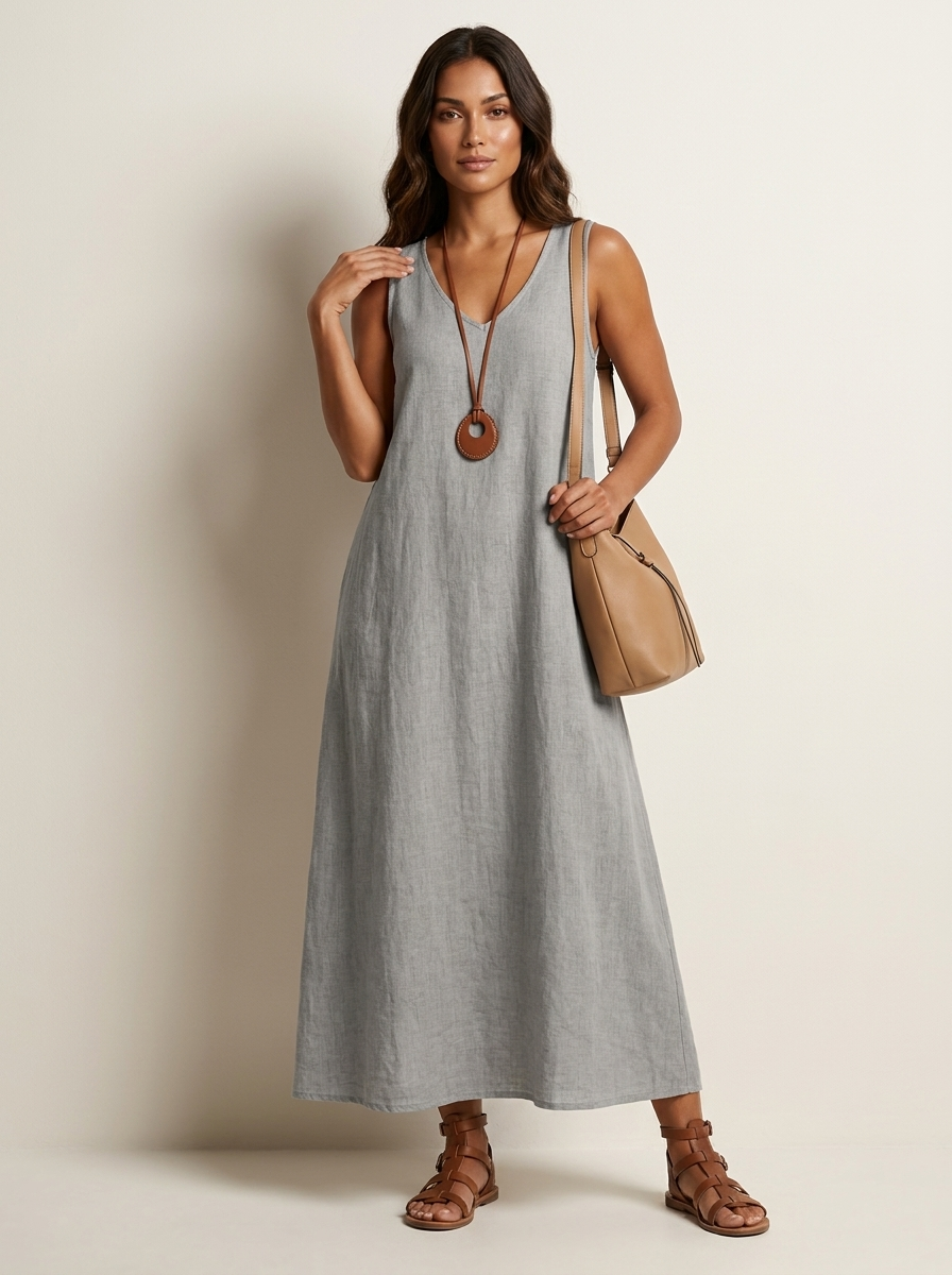 Linnenlook Maxi Damesjurk Ava met V-hals, Mouwloos en Vloeiend Silhouet - Khaki/Grijs/Roze