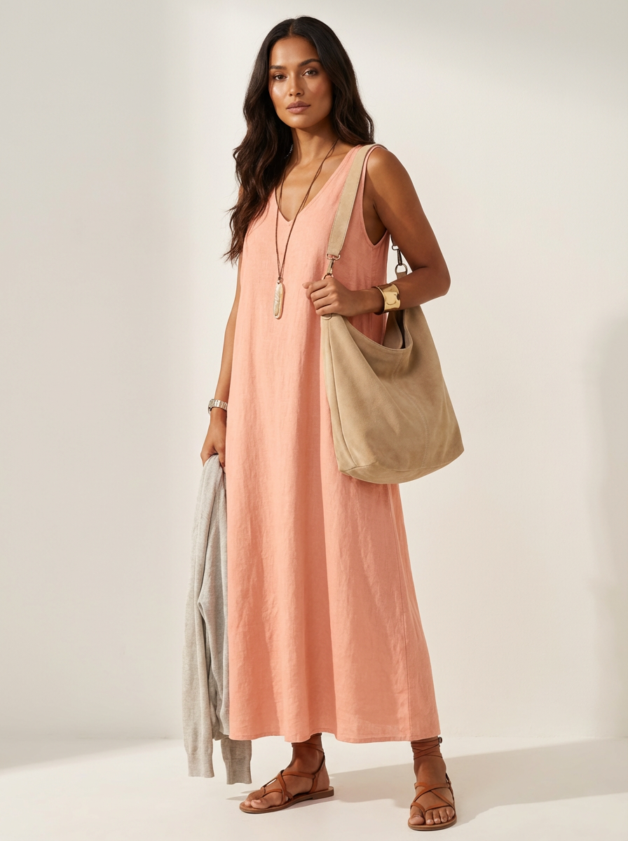 Linnenlook Maxi Damesjurk Ava met V-hals, Mouwloos en Vloeiend Silhouet - Khaki/Grijs/Roze