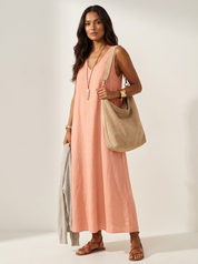 Linnenlook Maxi Damesjurk Ava met V-hals, Mouwloos en Vloeiend Silhouet - Khaki/Grijs/Roze