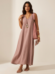 Linnenlook Maxi Damesjurk Ava met V-hals, Mouwloos en Vloeiend Silhouet - Khaki/Grijs/Roze