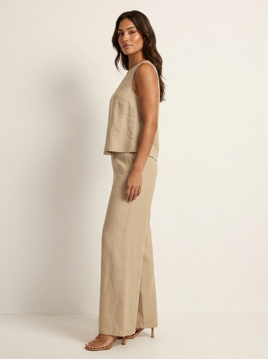 Linnenlook Tweedelige Set Elise met Mouwloze Top en Wijde Broek - Zwart/Beige/Khaki