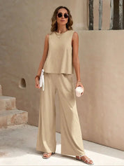 Linnenlook Tweedelige Set Elise met Mouwloze Top en Wijde Broek - Zwart/Beige/Khaki