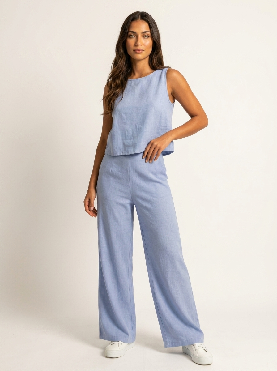 Linnenlook Tweedelige Set Elise met Mouwloze Top en Wijde Broek - Zwart/Beige/Khaki