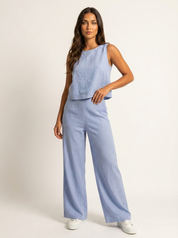 Linnenlook Tweedelige Set Elise met Mouwloze Top en Wijde Broek - Zwart/Beige/Khaki