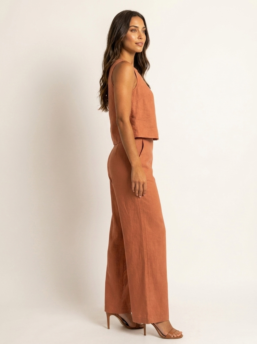 Linnenlook Tweedelige Set Elise met Mouwloze Top en Wijde Broek - Zwart/Beige/Khaki