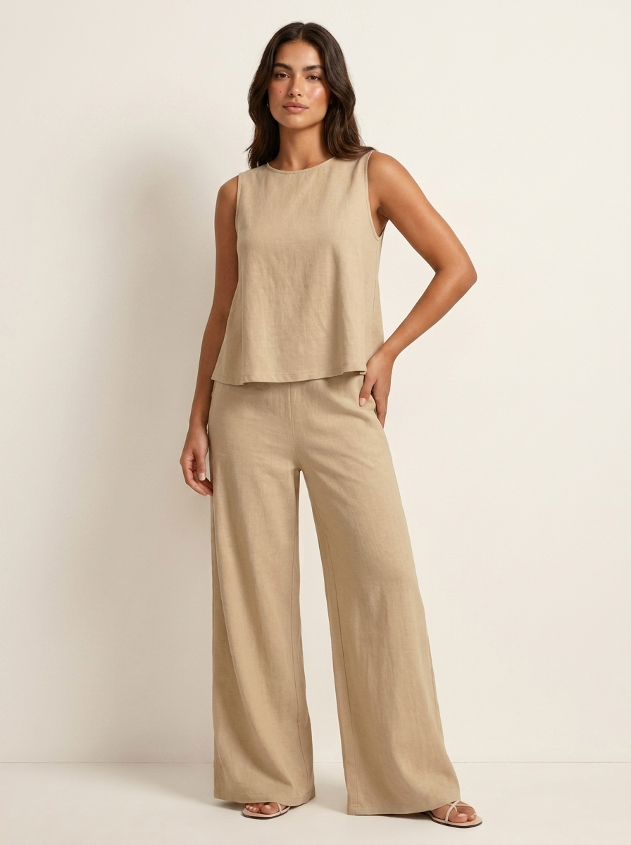 Linnenlook Tweedelige Set Elise met Mouwloze Top en Wijde Broek - Zwart/Beige/Khaki
