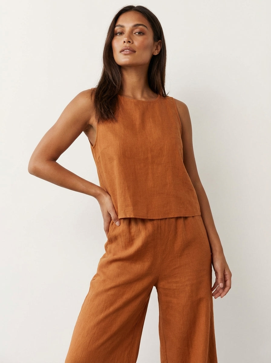 Linnenlook Tweedelige Set Elise met Mouwloze Top en Wijde Broek - Zwart/Beige/Khaki