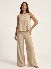 Linnenlook Tweedelige Set Elise met Mouwloze Top en Wijde Broek - Zwart/Beige/Khaki