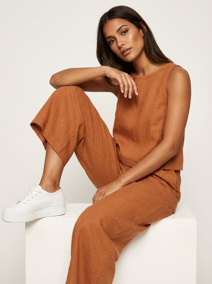 Linnenlook Tweedelige Set Elise met Mouwloze Top en Wijde Broek - Zwart/Beige/Khaki