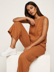 Linnenlook Tweedelige Set Elise met Mouwloze Top en Wijde Broek - Zwart/Beige/Khaki