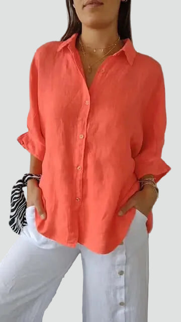 Losse Damesshirt van Linnen, Oversized met Diepe V-hals, Ideaal voor de Zomer en Dagelijks Gebruik - Wit/Zwart/Geel