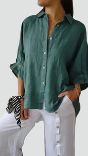 Losse Damesshirt van Linnen, Oversized met Diepe V-hals, Ideaal voor de Zomer en Dagelijks Gebruik - Wit/Zwart/Geel