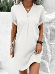 Midi Jurk Dames V-Hals met Korte Mouwen en Knoopsluiting - Groen / Zwart / Wit - Maelen