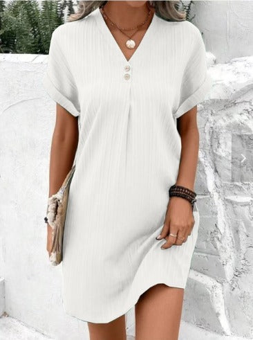 Midi Jurk Dames V-Hals met Korte Mouwen en Knoopsluiting - Groen / Zwart / Wit - Maelen