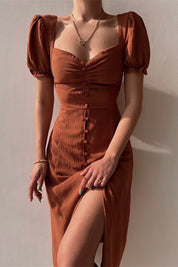 Maxi Jurk Dames met Diepe V-Hals Spaghettibandjes en Split - Bruin / Zwart - Maelen