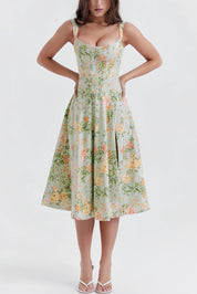 Midi Jurk Dames Bloemenprint met Split en Spaghettibandjes - Roze / Groen - Maelen