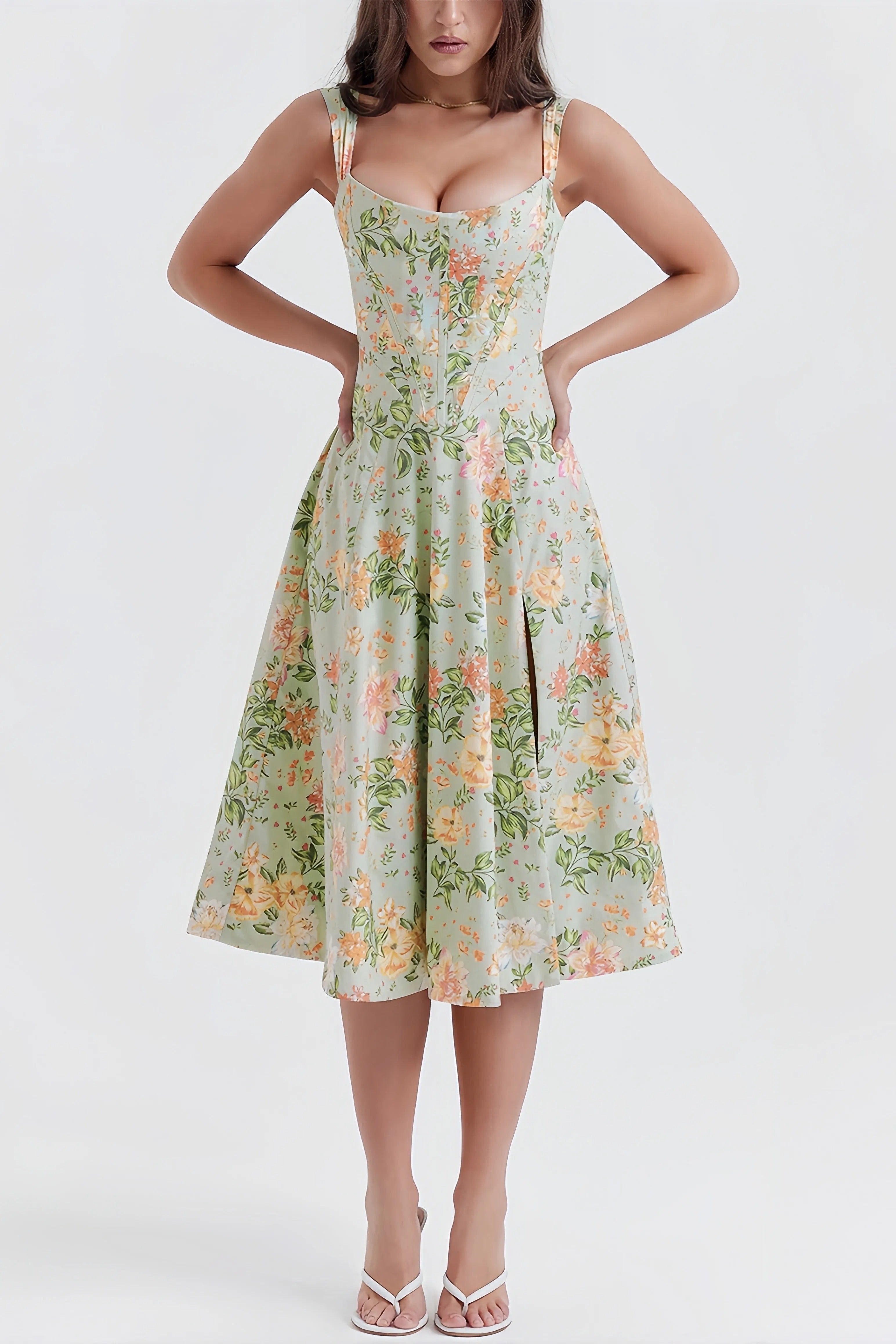 Midi Jurk Dames Bloemenprint met Split en Spaghettibandjes - Roze / Groen - Maelen