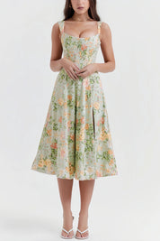 Midi Jurk Dames Bloemenprint met Split en Spaghettibandjes - Roze / Groen - Maelen