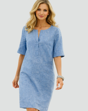 Linnen Midi-jurk voor Dames, Recht Model met Driekwartmouw, Zakken en V-hals - Lichtblauw/Bruin/Zwart