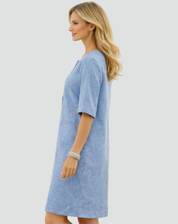 Linnen Midi-jurk voor Dames, Recht Model met Driekwartmouw, Zakken en V-hals - Lichtblauw/Bruin/Zwart