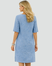 Linnen Midi-jurk voor Dames, Recht Model met Driekwartmouw, Zakken en V-hals - Lichtblauw/Bruin/Zwart