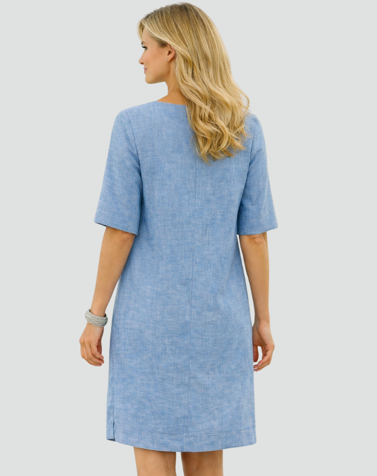 Linnen Midi-jurk voor Dames, Recht Model met Driekwartmouw, Zakken en V-hals - Lichtblauw/Bruin/Zwart