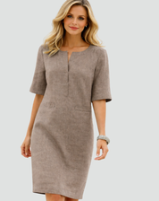 Linnen Midi-jurk voor Dames, Recht Model met Driekwartmouw, Zakken en V-hals - Lichtblauw/Bruin/Zwart