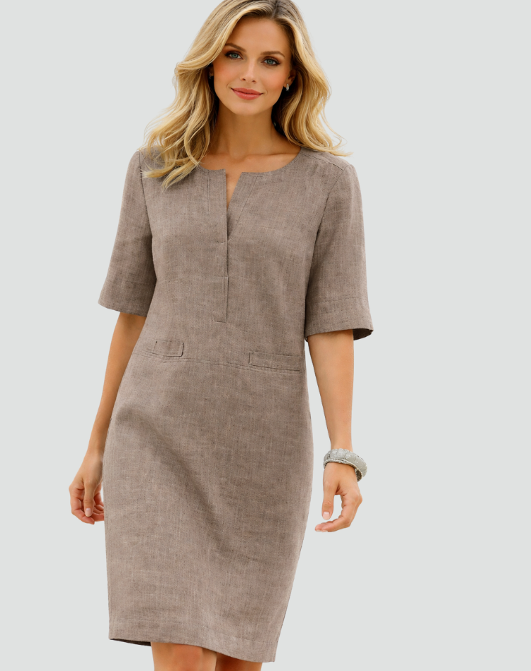 Linnen Midi-jurk voor Dames, Recht Model met Driekwartmouw, Zakken en V-hals - Lichtblauw/Bruin/Zwart