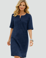 Linnen Midi-jurk voor Dames, Recht Model met Driekwartmouw, Zakken en V-hals - Lichtblauw/Bruin/Zwart