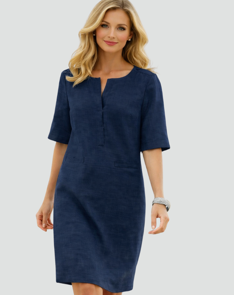 Linnen Midi-jurk voor Dames, Recht Model met Driekwartmouw, Zakken en V-hals - Lichtblauw/Bruin/Zwart