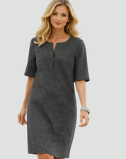 Linnen Midi-jurk voor Dames, Recht Model met Driekwartmouw, Zakken en V-hals - Lichtblauw/Bruin/Zwart