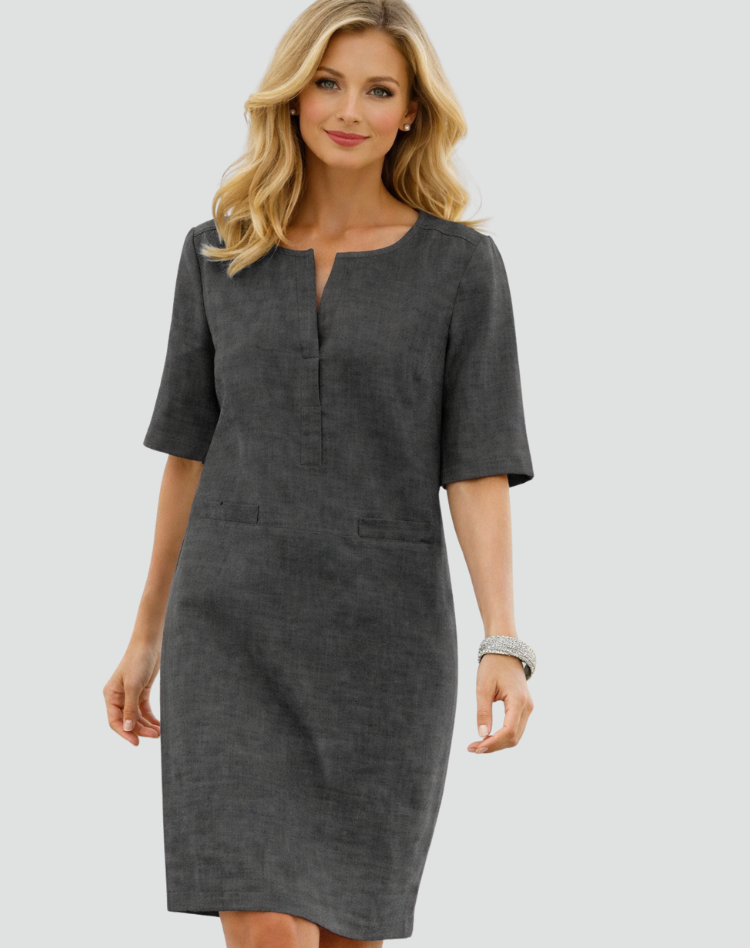 Linnen Midi-jurk voor Dames, Recht Model met Driekwartmouw, Zakken en V-hals - Lichtblauw/Bruin/Zwart