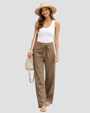 Linnen Broek Dames met Wijde Pijpen en Taillekoord - Beige/Kaki/Zwart