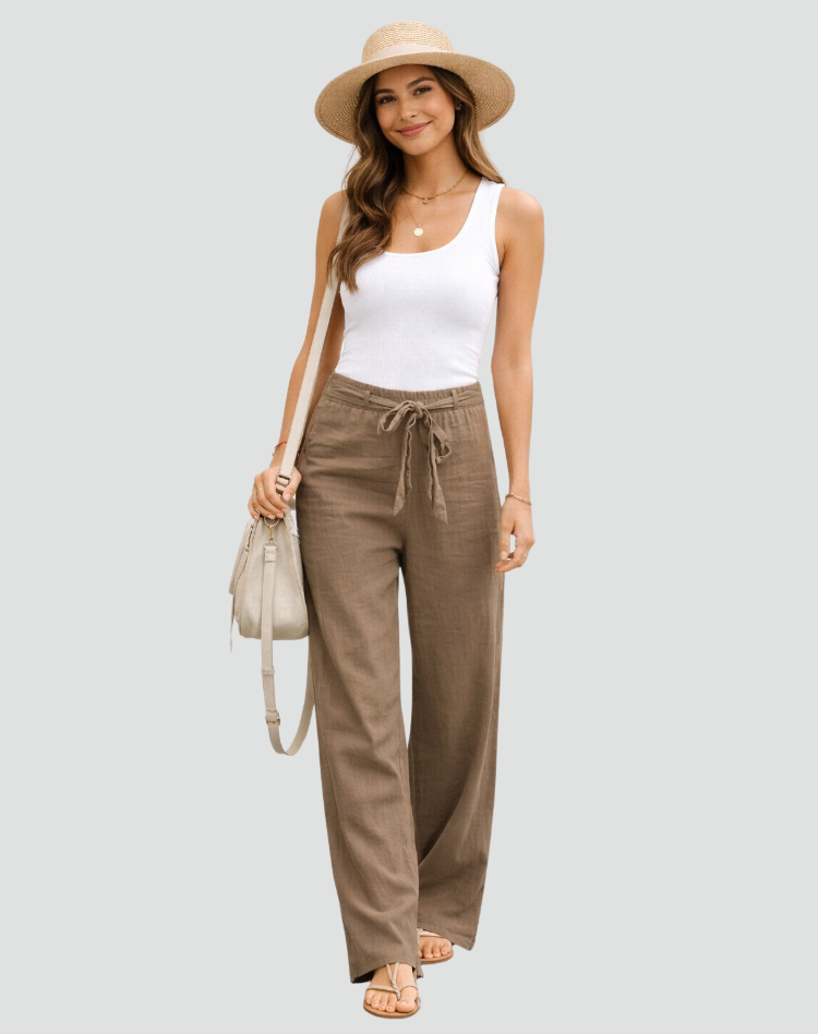 Linnen Broek Dames met Wijde Pijpen en Taillekoord - Beige/Kaki/Zwart