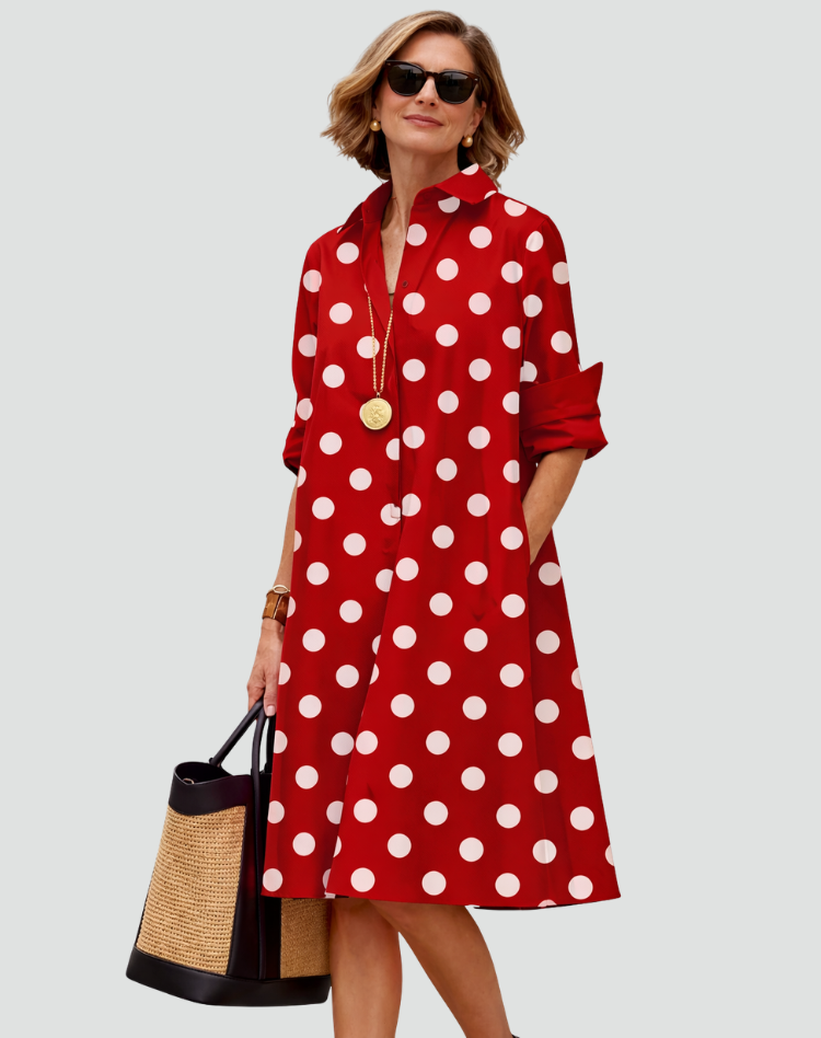 Elegante Klassieke Midi Overhemdjurk voor Dames met Knoopsluiting - Rood/Zwart/Wit