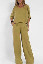 Lola Set | Katoen-Linnen Damespak met Cropped Top en High-Waist Wijde Broek