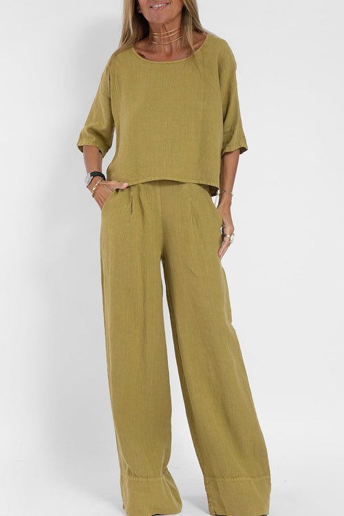 Lola Set | Katoen-Linnen Damespak met Cropped Top en High-Waist Wijde Broek